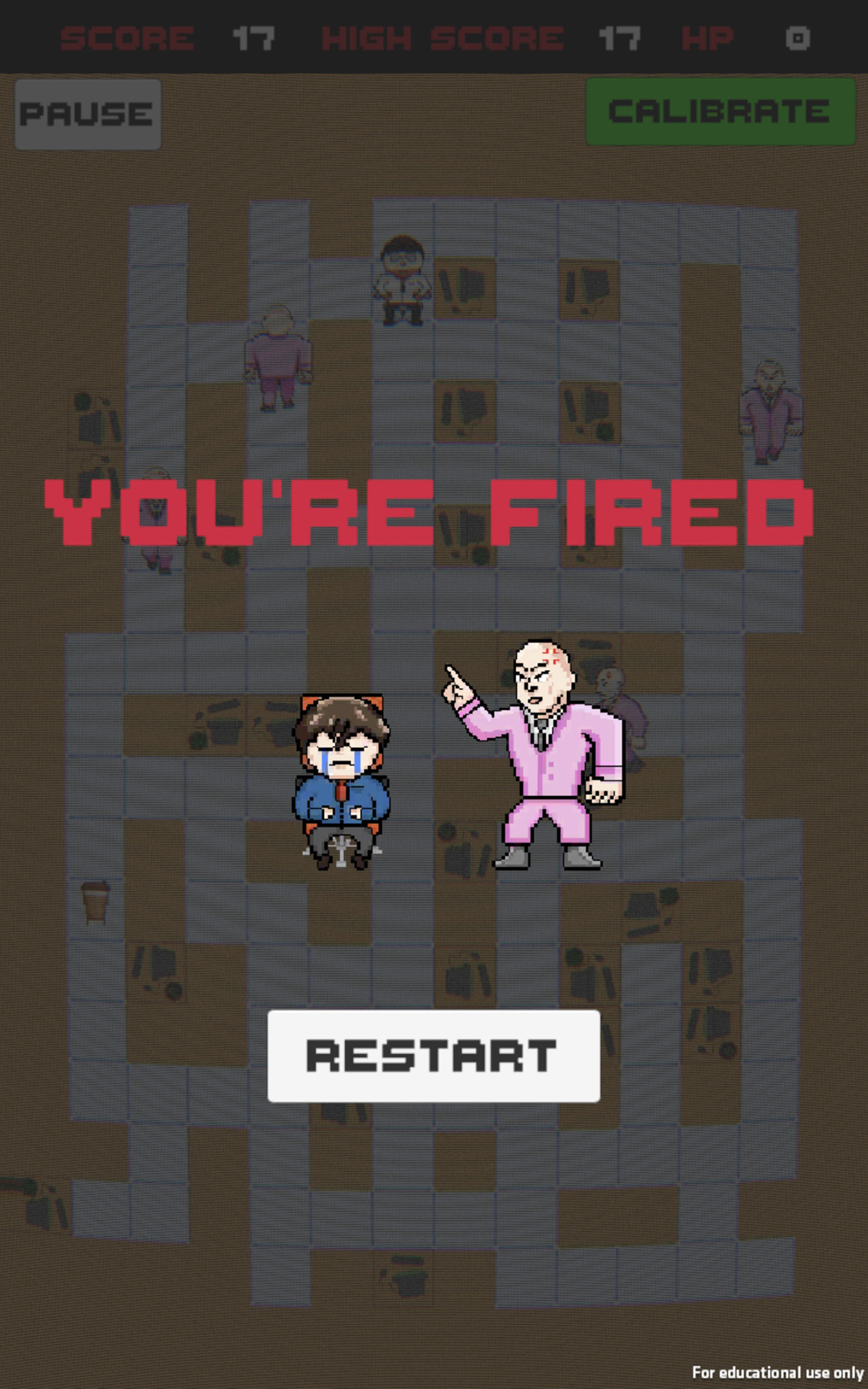 CoffeeTime game-over screen after the player is fired