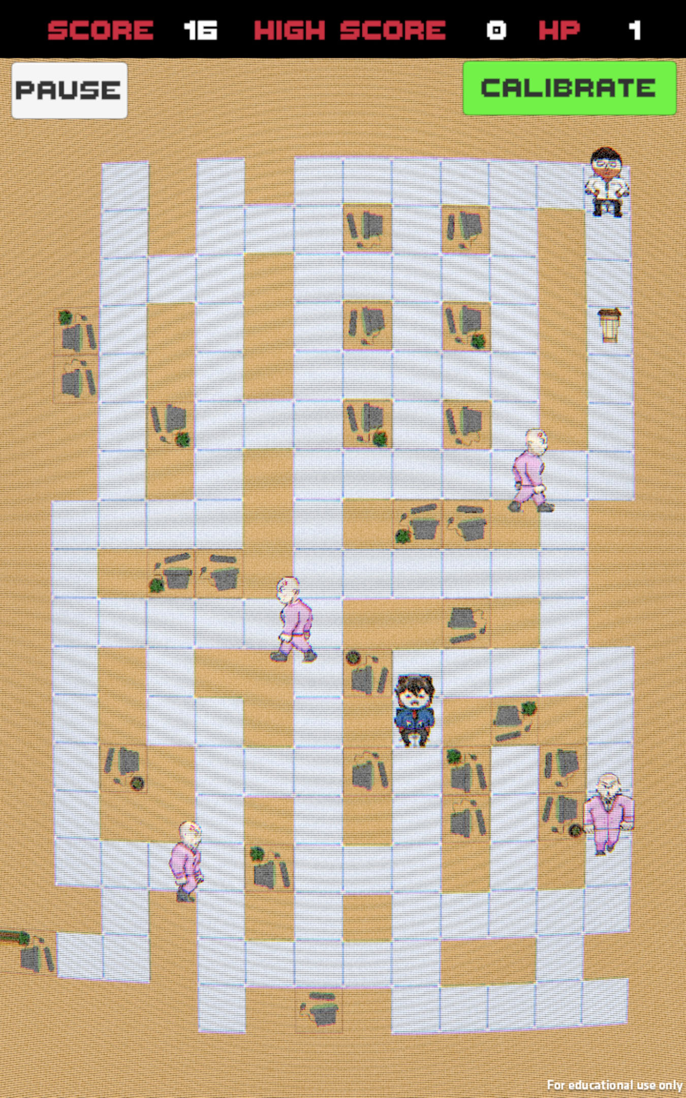 Portrait mobile gameplay from CoffeeTime with score, health, and office maze