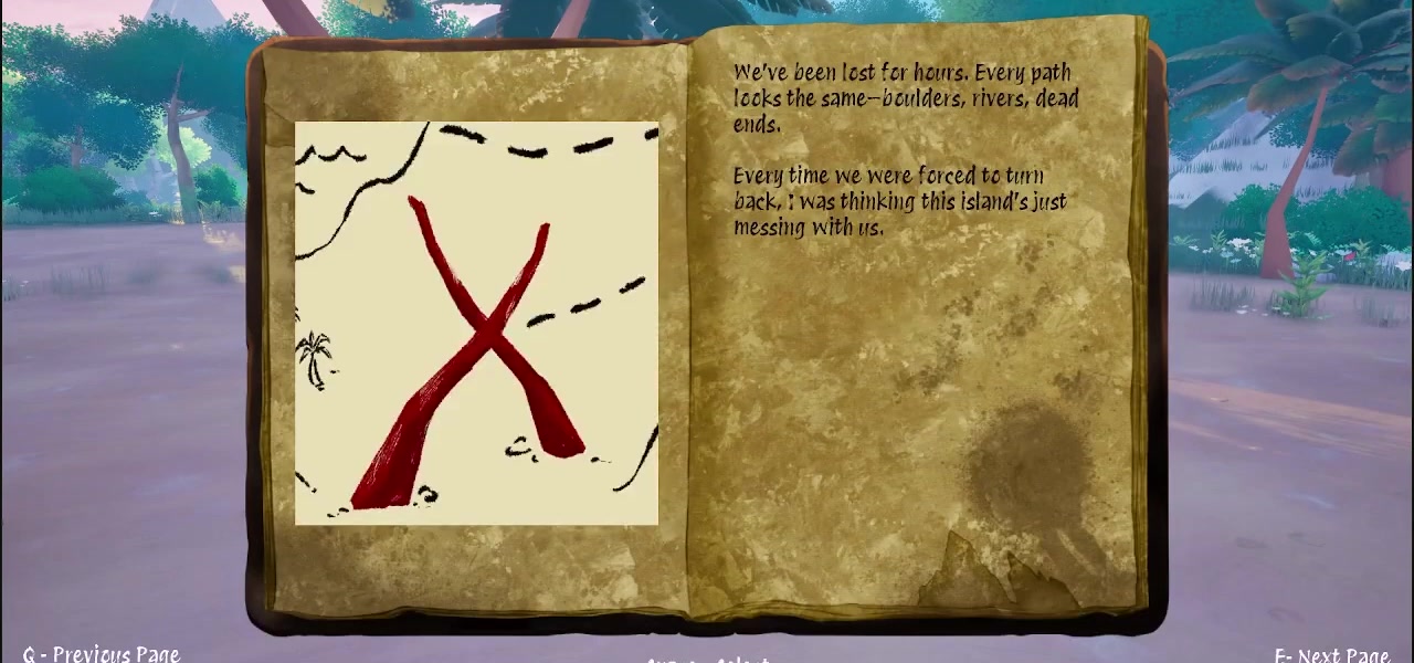 An open diary with a landscape sketch and narrative clue in Past Path