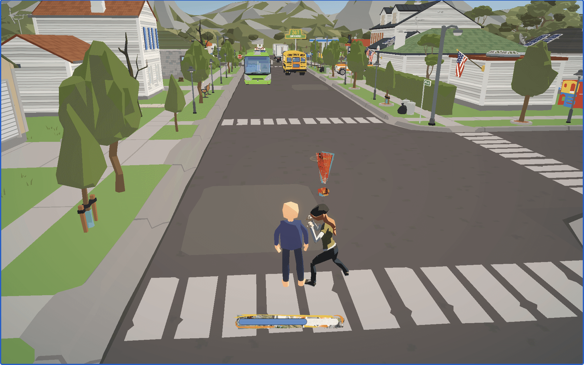 PolyGone protagonist and NPC in a low-poly suburban street