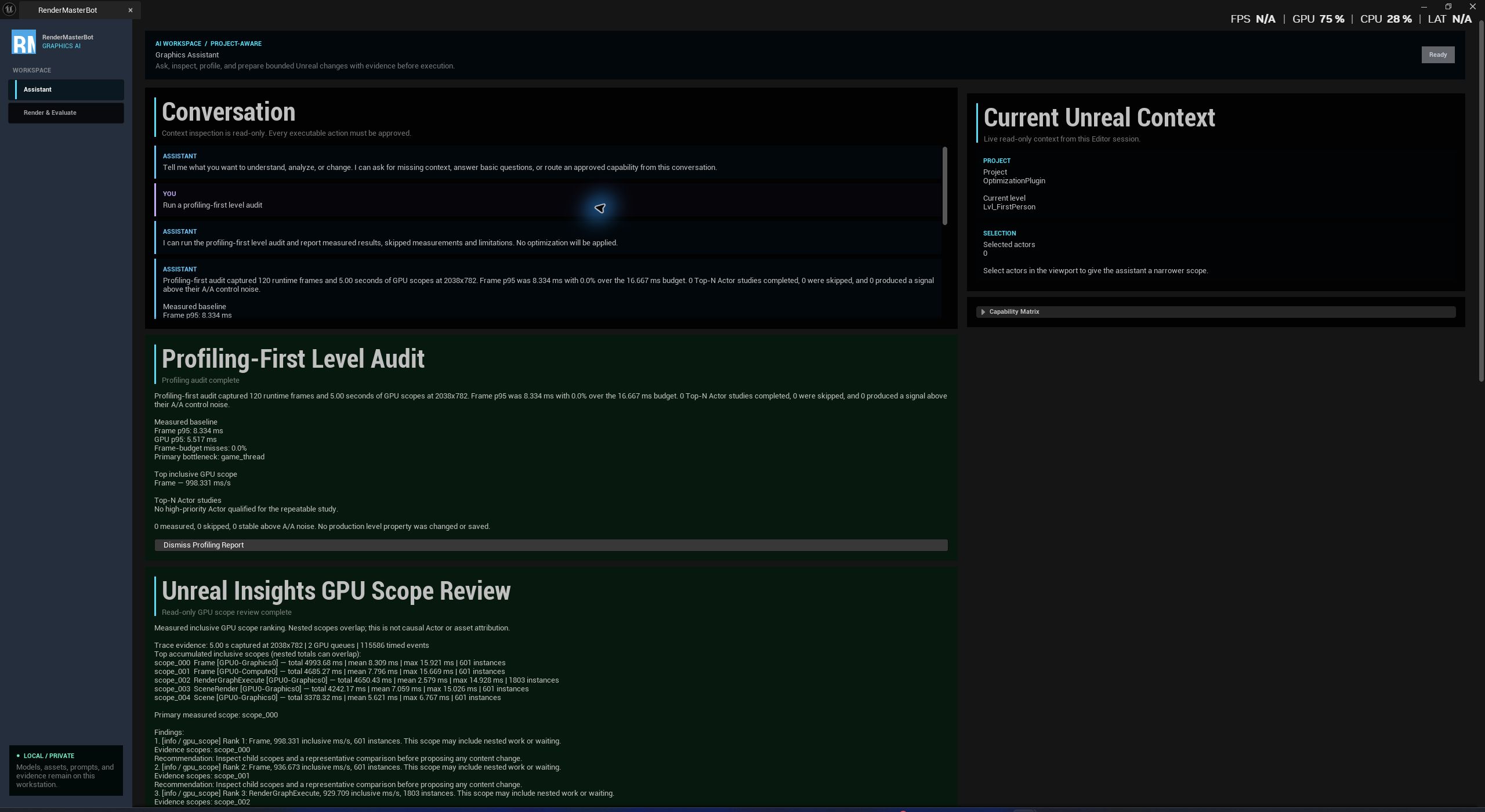 RenderMasterBot conversation with a completed profiling audit and Unreal Insights GPU review inside Unreal Editor