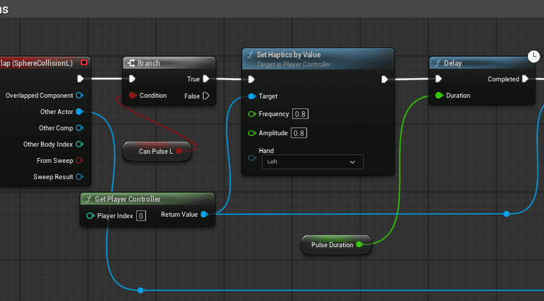 Unreal Blueprint that pulses controller haptics after contact