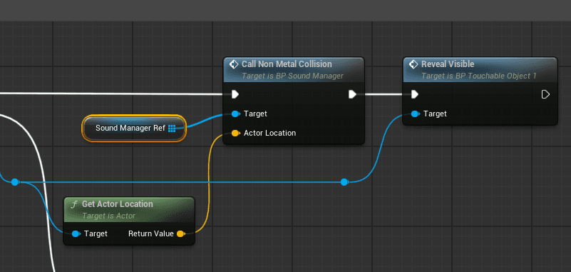 Unreal Blueprint that reveals an object and reports its material sound